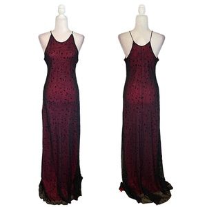 Vintage Chelsea Nites Red Black Floral Mesh Overlay Floor Length Formal Dress 14